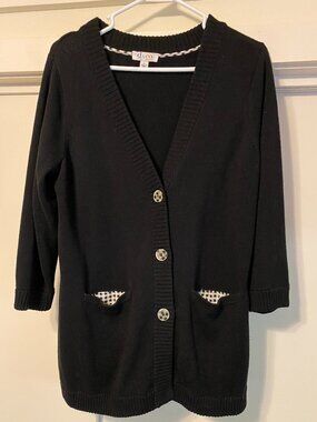Denim & Co., black cardigan w/checkered buttons, size M